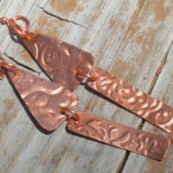 Conceptual Subculture Jewelry - Copper Triangle Rustic Earrings Long Dangle Drop Boho Handmade Artisan Gift